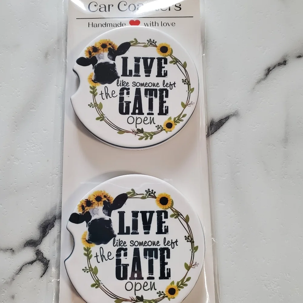 Live like someone left the gate open Set Of 2 Ceramic Car Coasters  Cow